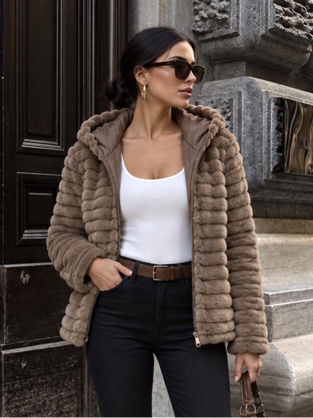 Zella | Corded Faux Fur Hooded Jacket | Brown | NWOT | Size XS